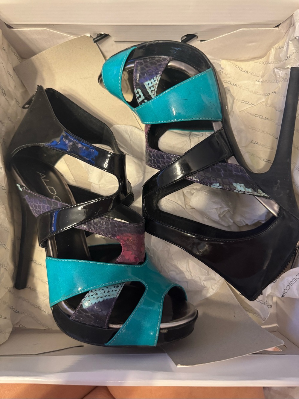 Aldo VANHOVE Teal, Black & Purple Snake-Print Strappy High Heel Sandals 8.5